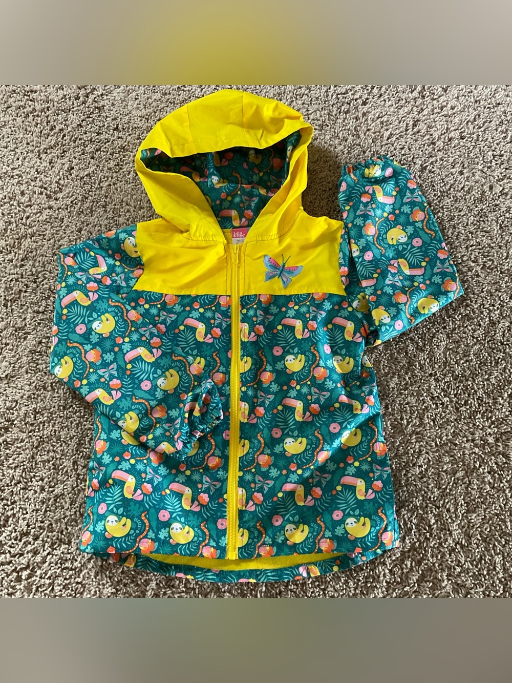 Lily & Dan Rain Jacket w/Yellow Sloth Toucan Jungle Hooded, Sz Girls 6-6X